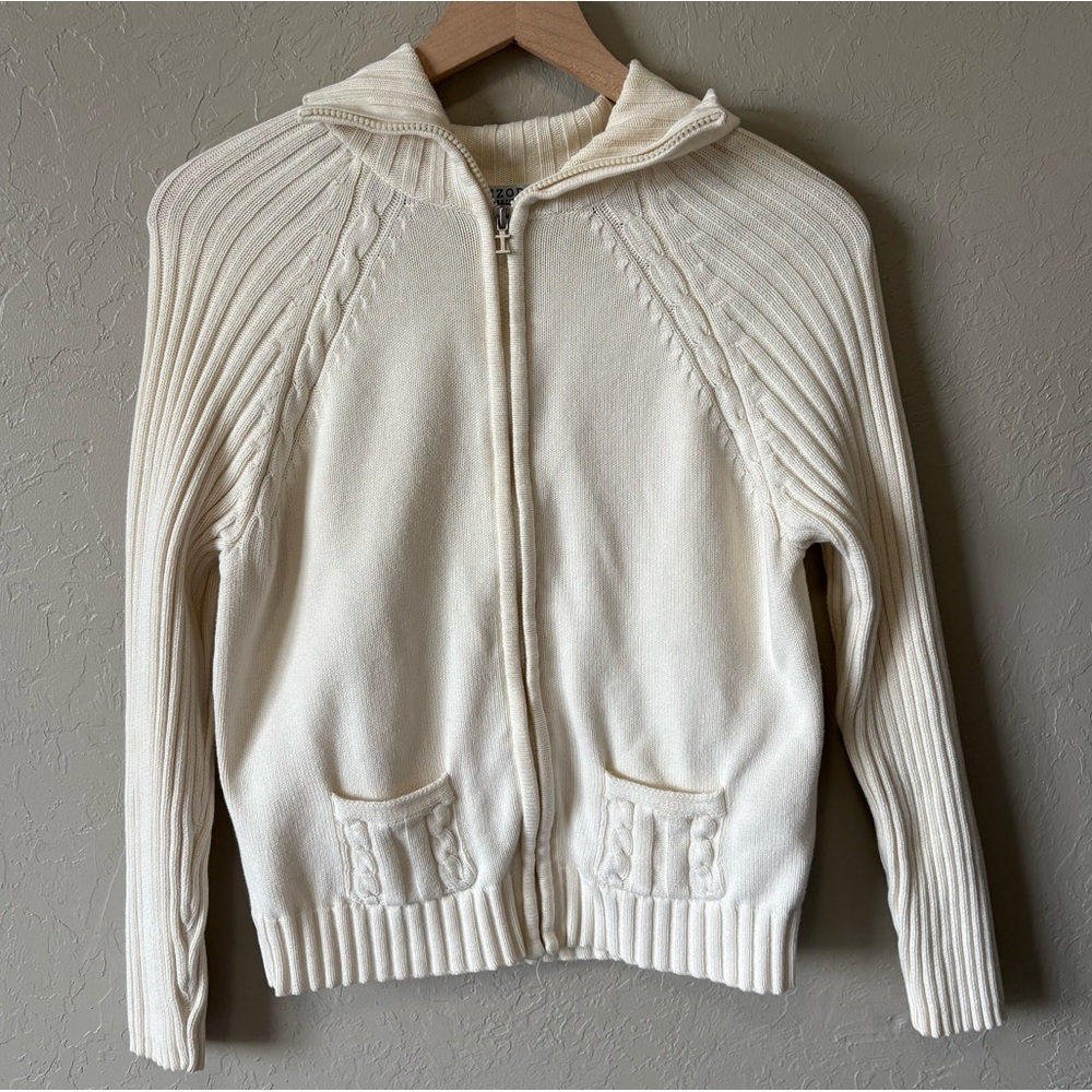 IZOD Cotton Sweater Zip Up White Petite Large